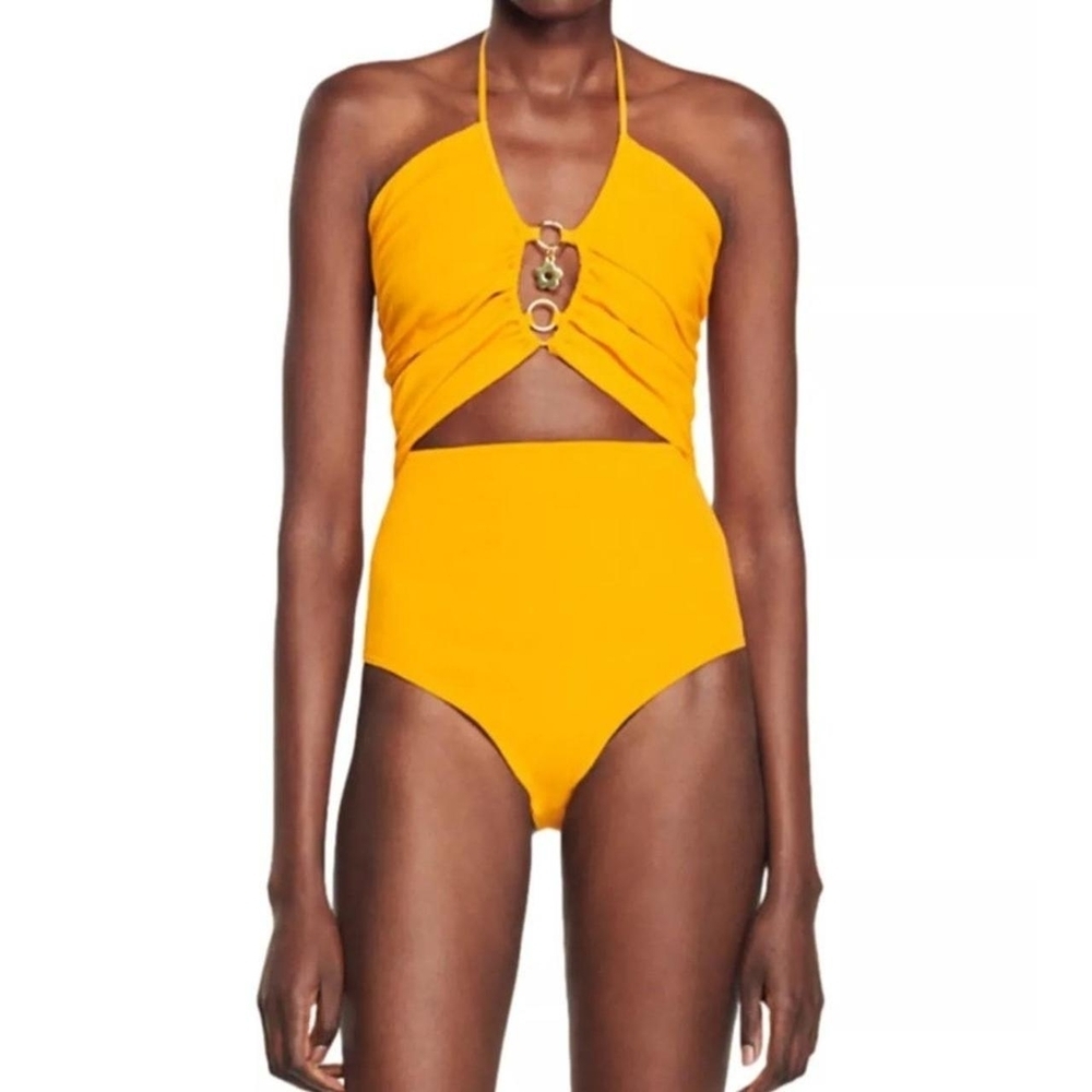 NWT Sandro Vibrant Orange Cutout One-Piece Knit Bodysuit With Ring Details
